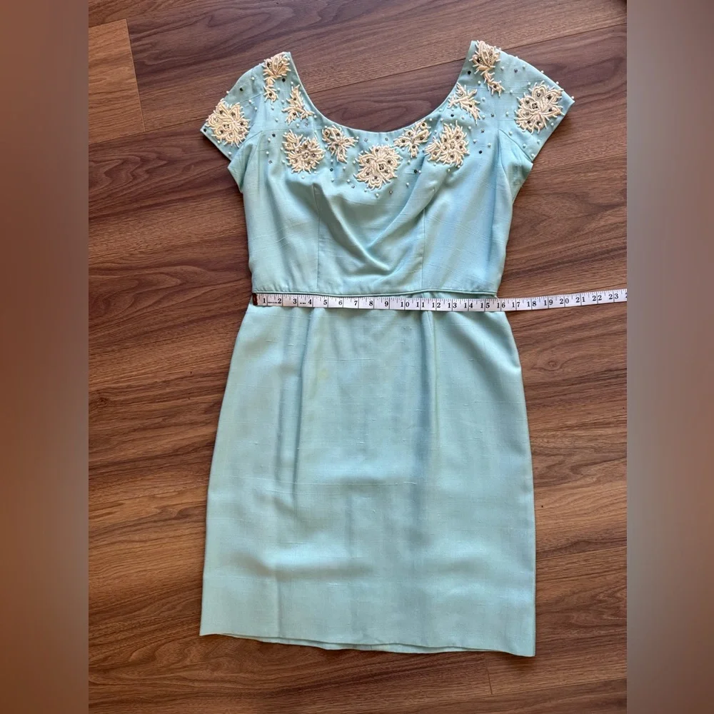 Vintage 50s 60s Baby Blue Hand Beaded Sheath Dress Lace Rhinestone Cocktail M/L - Picture 12 of 16